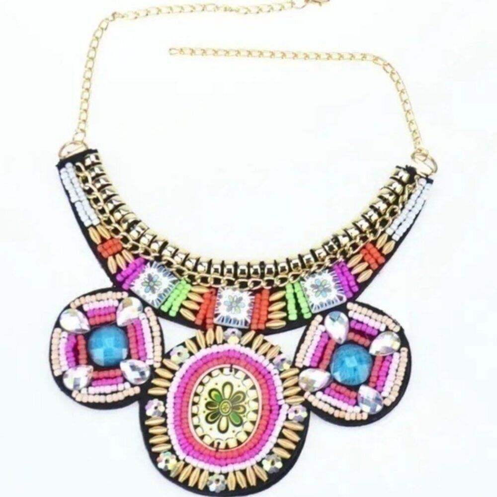 Handmade Multicolor Ethic  Beadwork Statement Necklace